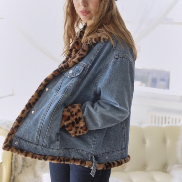 Oversize Denim Jacket Leopard Faux Fur - Picture 6 of 14